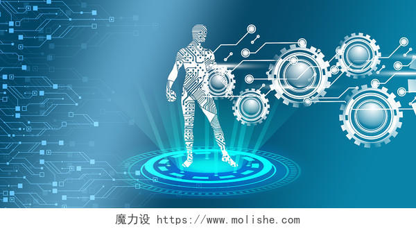 未来科技蓝色科技感齿轮科技齿轮人物模型科技线条展板背景